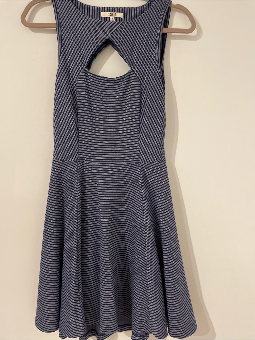 BB Dakota Navy Striped Fit & Flare Dress with Keyhole on the front and back.
